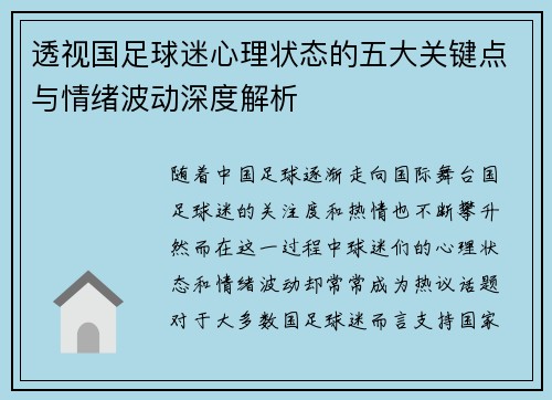透视国足球迷心理状态的五大关键点与情绪波动深度解析